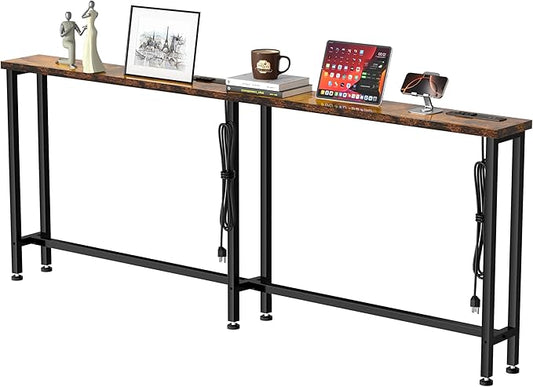 GRLEAF 102" Sofa Table with Built-in Power Strip (4 AC Outlets & 4 USB Ports) – 4.9ft Power Cord, Metal Frame, Easy Assembly, Long Couch Table Behind Sofa, Living Room and Home Office | Rustic Brown