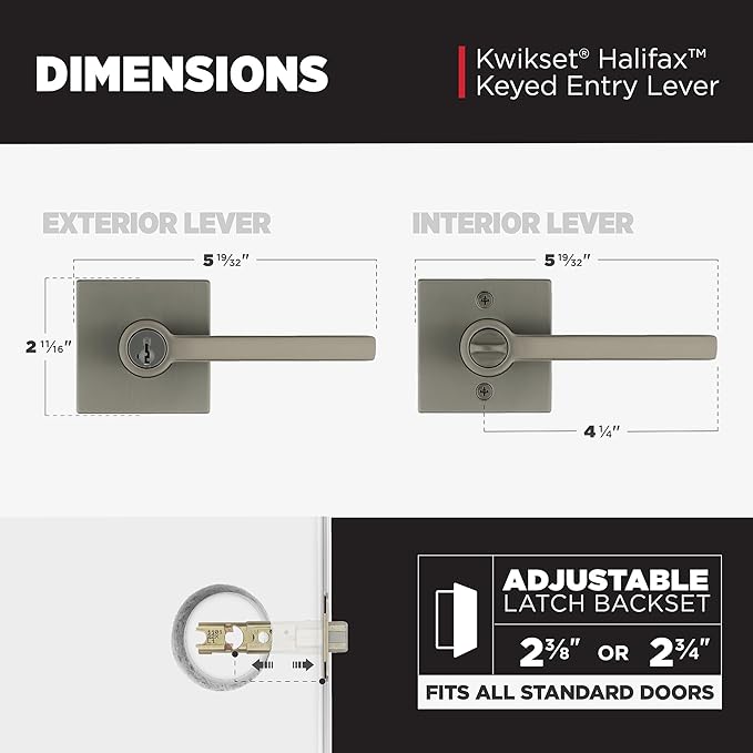 Kwikset Halifax Entry Door Handle with Lock and Key, Square Secure Keyed Reversible Lever Exterior, Doorlock, for Front Entrance and Bedrooms, Gunmetal, Pick Resistant Smartkey Rekey Security