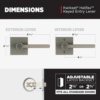 Kwikset Halifax Entry Door Handle with Lock and Key, Square Secure Keyed Reversible Lever Exterior, Doorlock, for Front Entrance and Bedrooms, Gunmetal, Pick Resistant Smartkey Rekey Security
