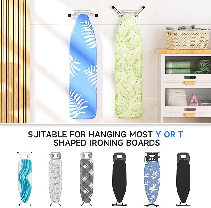 Ironing Board Holder Wall Mount/Over The Door Ironing Board Hanger, Laundry Rooms Metal Iron Board Holder Wall Mount for Y or T Leg (Silver)