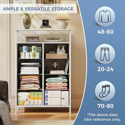 DUMOS TV Stands for Living Room with 8 Drawers, Tall 8-Drawer Chest of Drawers with Raised Shelf, Storage Tower with Fabric Bins for Organization, Hallway Storage, White