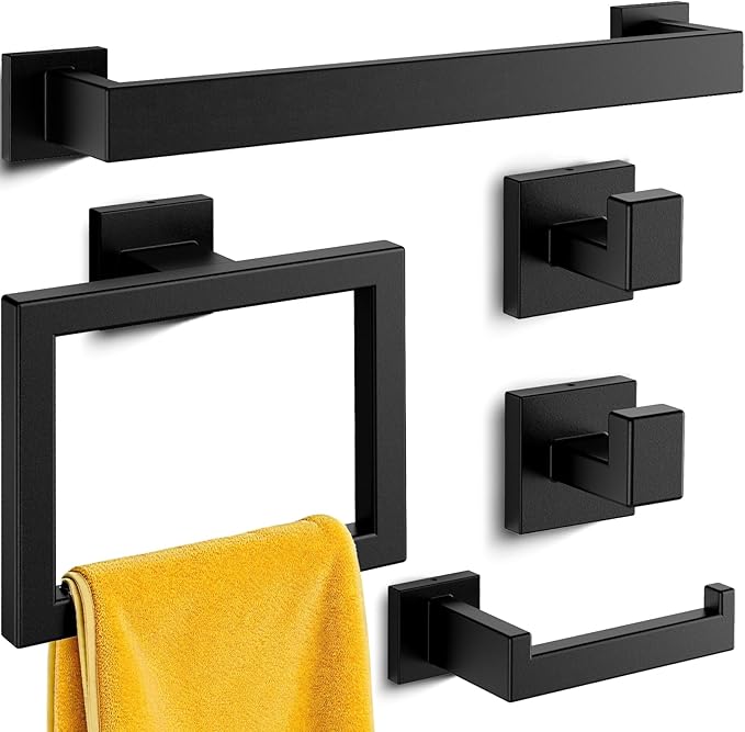 Kitsure 5-Pieces Bathroom Hardware Set & Accessories, Rustproof Towel Racks for Bathroom Wall Mounted, 16" Towel Bar, Toilet Paper Holder, Ring & 2 Hooks, Matte Black