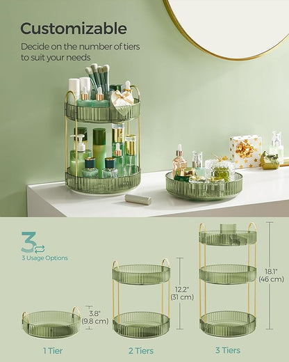 SONGMICS Makeup Organizer, 3-Tier Round Rotating Skincare Organizer Countertop, Customizable, Toiletries Vanity Organizer, Lazy Susan, Gift, Pale Green UJKA011C01