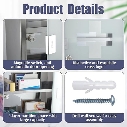 Timgle First Aid Wall Cabinet with Lock Medicine Wall Mounted Bathroom Storage Hanging Medical Cabinet with Safety Glass Door for Bathroom(2 Shelves,Silver)
