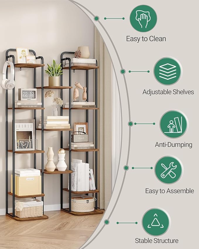 8 Tiers Vertical Shoe Rack, Narrow Shoe Tower, Tall Shoes Shelf with 2 Hooks, Adjustable Shelves, Corner Shoes Shelves for Small Spaces, Entryway, Living Room, Rustic Brown SR04301B