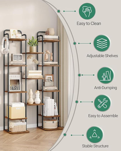 8 Tiers Vertical Shoe Rack, Narrow Shoe Tower, Tall Shoes Shelf with 2 Hooks, Adjustable Shelves, Corner Shoes Shelves for Small Spaces, Entryway, Living Room, Rustic Brown SR04301B