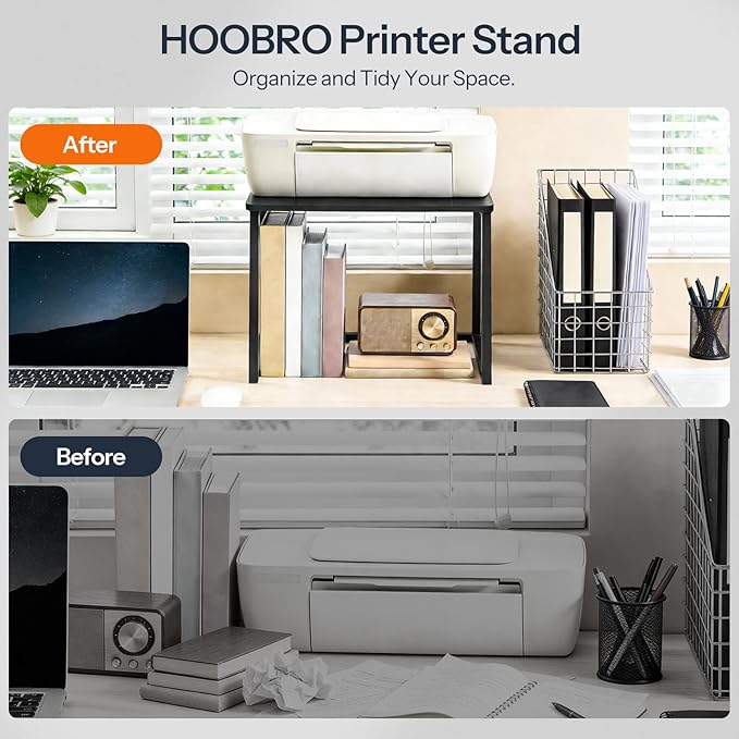 HOOBRO Printer Stand with Storage for Desk, 2-Tier Desktop Printer Shelf, Desk Organizer for Office, Kitchen, Living Room, Black BB16PS01