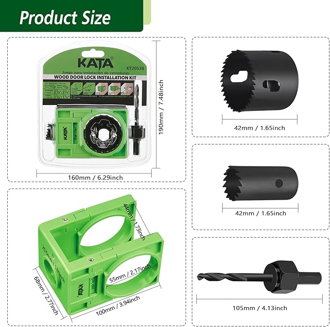 KATA 1-3/8" - 1-3/4" Door Lock Installation Kit with Large Chip-Clearance Slots, Door Lock Hole Saw for Deadbolts and Locksets for Wooden Doors with Guide Template, Carbon Steel, Green