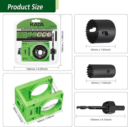 KATA 1-3/8" - 1-3/4" Door Lock Installation Kit with Large Chip-Clearance Slots, Door Lock Hole Saw for Deadbolts and Locksets for Wooden Doors with Guide Template, Carbon Steel, Green