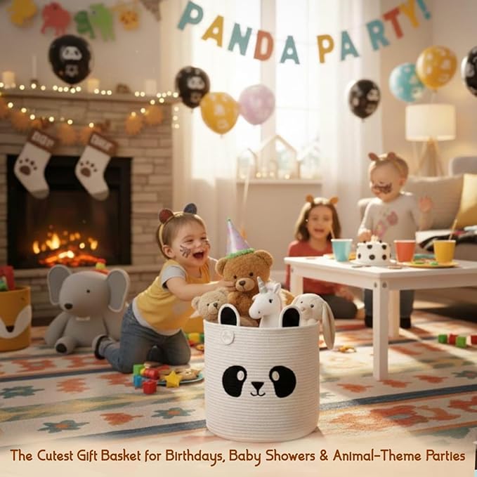 Collapsible Laundry Baskets for Kids & Toy Storage Organizer | Large Panda Woven Cotton Rope Bin for Stuffed Plushies | Cute Animal Face Hamper with Cutout Handles for Nursery, Playroom & more (Panda)
