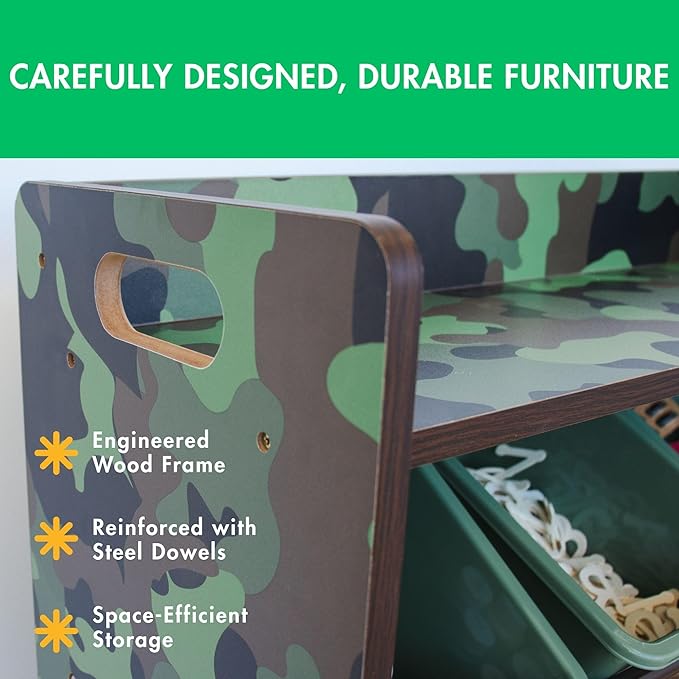 Humble Crew Toy Storage Organizer with Top Shelf and 9 Removable Bins, Camo/Army Green – Toddler Bookshelf with Toy Organizer - Modern Toy Rack Ideal for Kids' Rooms, Playrooms, and Nurseries