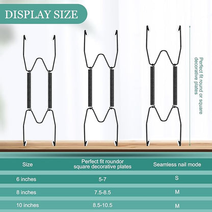 Hotop 12 Pieces Plate Hangers for Wall Stainless Steel Wire Invisible Heavy Duty Plate Hangers Display Holders with 12 Pieces Hooks for Wall Decorative(6/8/10 Inch,Black)