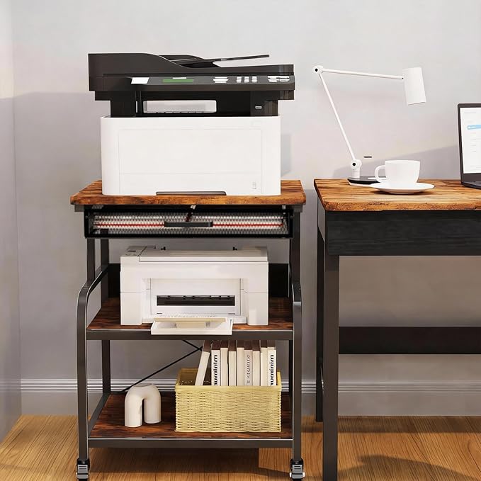 TFK 3-Tier Printer Stand with Drawer, Adjustable Shelf, Rolling Casters, 23.6 x 18.9 x 30 Inch Heavy Duty Printer Cart for Home Office, Large Printers, 3D Printers, Fax & Heat Press, Brown