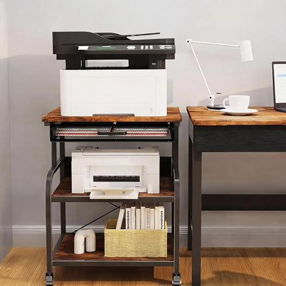 TFK 3-Tier Printer Stand with Drawer, Adjustable Shelf, Rolling Casters, 23.6 x 18.9 x 30 Inch Heavy Duty Printer Cart for Home Office, Large Printers, 3D Printers, Fax & Heat Press, Brown