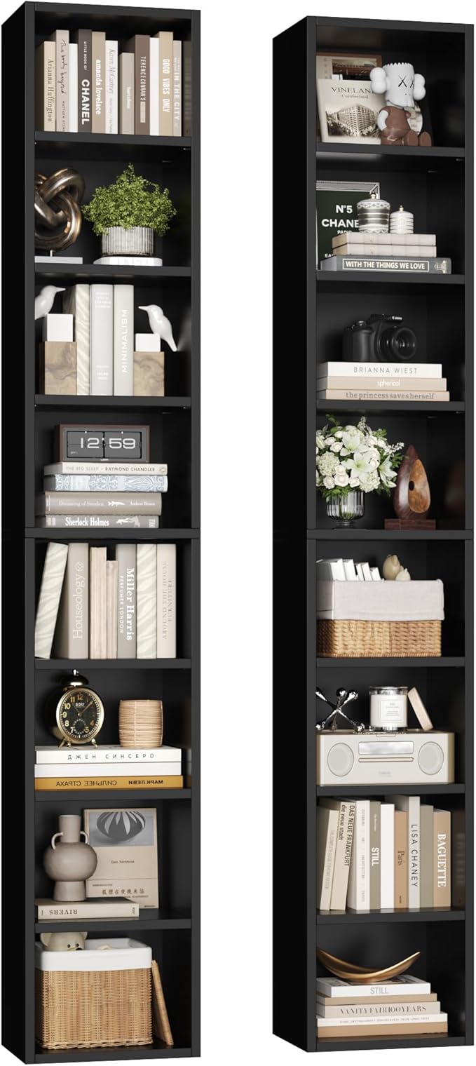 FOTOSOK 2 Pcs 71'' Tall Narrow Bookshelf, 8-Tier Media Tower Rack Set of 2, CD DVD Storage Cabinet with Adjustable Shelves, Tall Narrow Bookcase Skinny Display Bookshelf Slim Shelf, Black