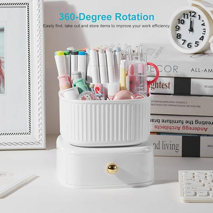 Pencil Pen Holder with Drawer, 5 Slots 360 Degree Rotating Pen Organizer For Desk, Desktop School Supplies Desk Accessories for Office School Home Art Supply White