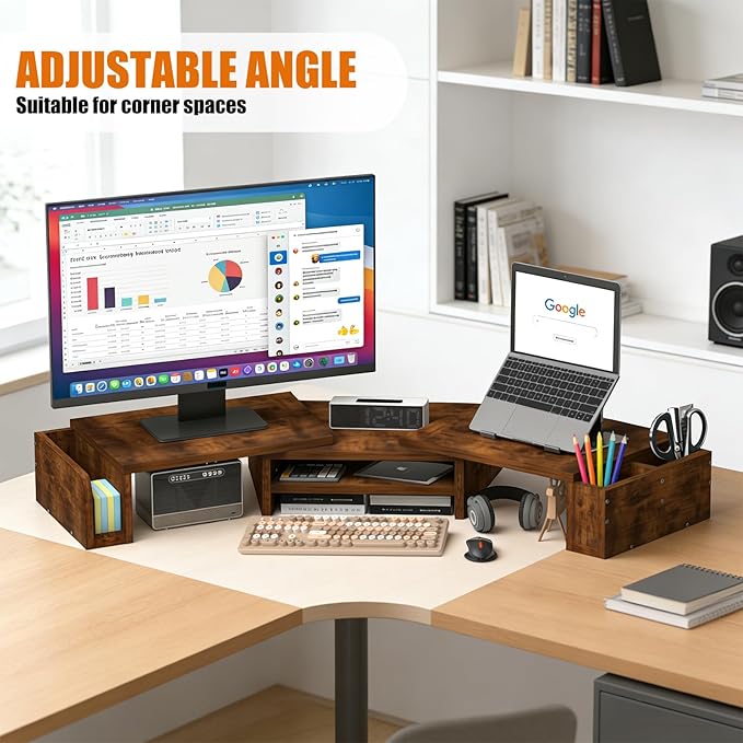 Wood Dual Monitor Stand Riser, Desk Organizers and Accessories with Storage Pen Holders, Adjustable Length and Angle 3 Shelf Extra Long 46" Desktop Organizer for 2 Monitors, Computer, Laptop, TV,Rustic Brown (Triple)