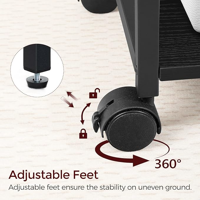 Industrial Printer Cart, 3-Tier Mobile Printer Stand, Rolling Cart with Power Outlets and USB Ports, Home Printer Stand with 2 Hooks, for Office, Living Room, Black PTHB40E01