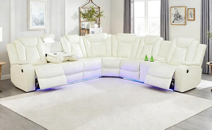 Leather Power Recliner Sofa, Power Sectional Sofa Couch Set for Living Room, Reclining Corner Sectional Sofa Set with LED, Read Lights, USB, Cup Holders, Storage for Home/Office,Vanilla White