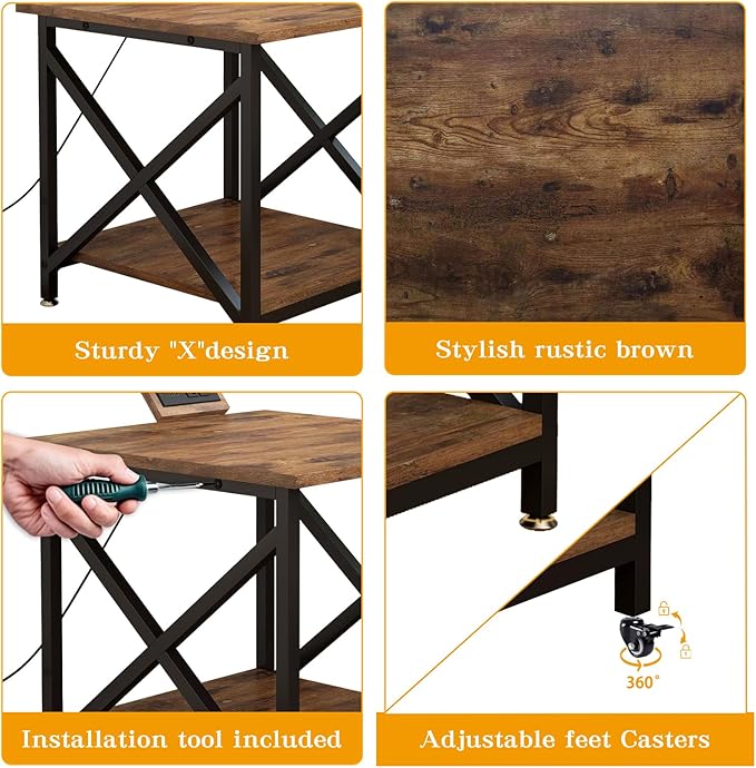 Large Printer Stand with Power Outlet, with Storage Shelf, 2 Tier Rolling Printer Cart with Industrial Wheels, 23.6 x 23.6 Inches Printer Table for Home Office,Rustic Brown