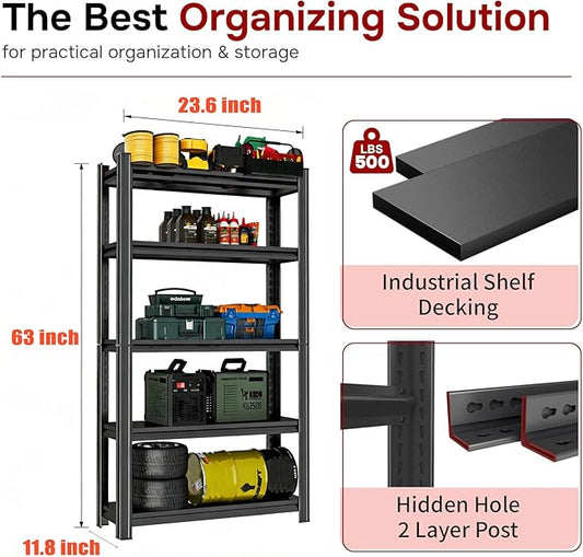 24"W x 12"D Garage Shelving Unit, 2000 lbs Heavy Duty Storage Shelves Easy Assembly 5-Tier Adjustable Metal Steel Utility Shelf Rack for Garage, Basement, Warehouse, 63" H x 23.6"W x 11.8"D