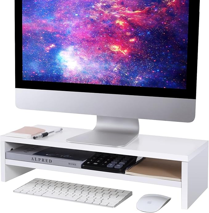BEYGORM Monitor Stand Riser White, 21.6 inch 2 Tiers Wood Desk Shelf Computer Screen Stand with Storage for Desktop Laptop/Screen/TV/PC/Printer, Desk Shelf Organizer 21.6" L x 7.8" W x 5.2" H
