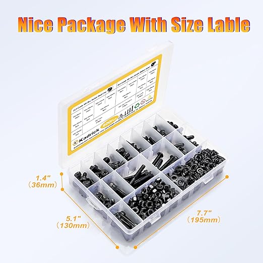 Kadrick Metric Screws Assortment,600 Pcs M6 Screws Nuts Washers Assortment M6x8MM-40MM, Hex Socket Button & Cap Head M6 Machine Bolts Kit, 12.9 & 10.9 Grade Alloy Steel Black