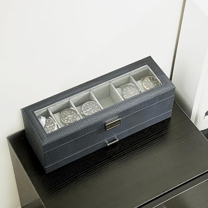 ProCase Watch Box, 6 Slot Watches Display Case with Drawer, Mens Watch Case with Glass Lid, 2-Layer Mens Jewelry Organizer Storage Holder, Birthday Valentine Gifts for Men -6 Slot, CrocCobaltBlue