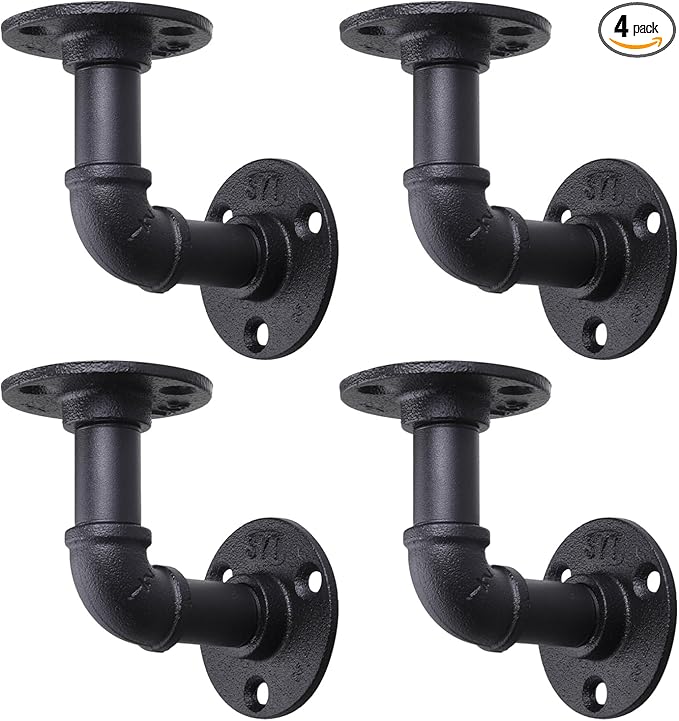 MUZIK 4 Pack Pipe Floating Shelf Bracket Heavy Duty, Black L Pipes Shelf Brackets Iron Shelving Brackets for Shelves - Vintage DIY Pipe Shelf (4*4 Inch)