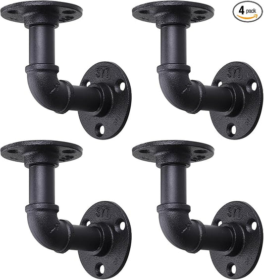 MUZIK 4 Pack Pipe Floating Shelf Bracket Heavy Duty, Black L Pipes Shelf Brackets Iron Shelving Brackets for Shelves - Vintage DIY Pipe Shelf (4*4 Inch)