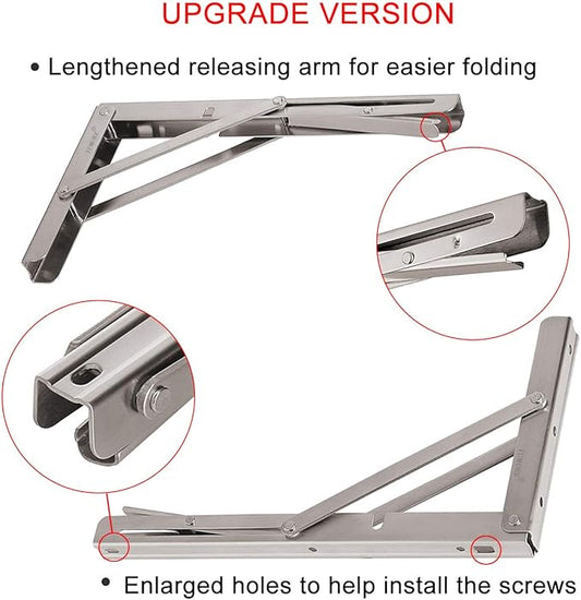 YUMORE Folding Shelf Brackets 12", Max Load: 330lb Heavy Duty Stainless Steel Collapsible Shelf Bracket for Table Work Bench, Space Saving DIY Bracket, Pack of 2