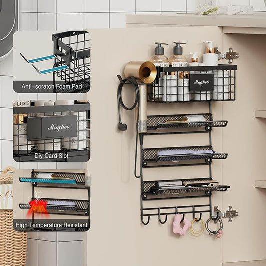 Hair Dryer Holder Wall Mounted, Adheisve Hair Styling Tool Organizer for hair Brush/Appliance Wall Mount with 4 Tier Shelf Basket Hooks Blow Dryer and Straightener Holder for Bathroom(Black)