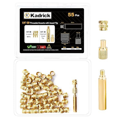 55 Pcs 1/4''-20 Threaded Inserts for Plastic with Heat Set Tip,1/4''x8mmx8mm Heat Set Inserts Kit,Brass Inserts for 3D Pringting