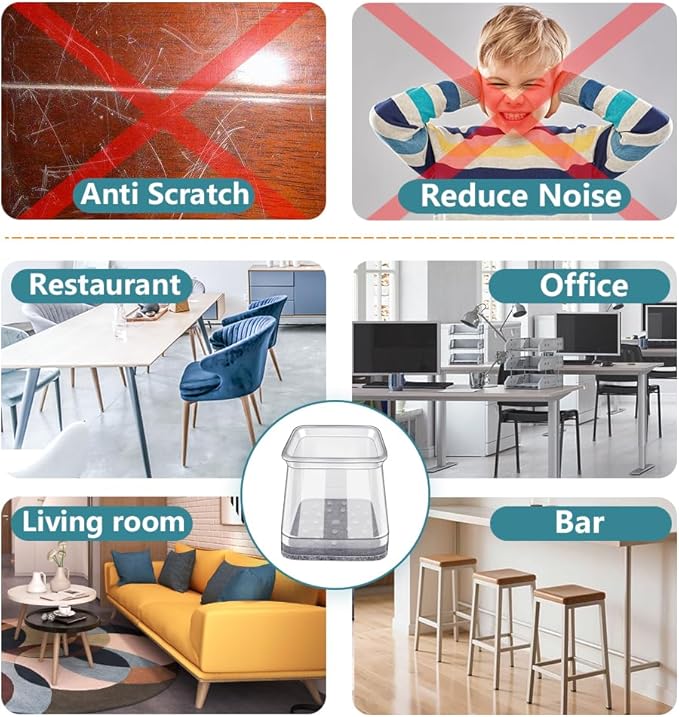 Ansible 24 Pcs Chair Leg Floor Protectors Square, Silicone Felt Furniture Leg Pads Caps Covers for Hardwood Floors (Fit:1-1/16" to 1-5/8")