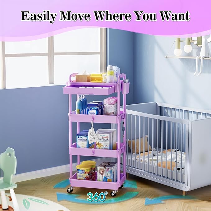 4 Tier Rolling Cart Organizer with Drawer, Bathroom Storage Carts with Wheels & Plastic Shelf, Mobile Storage Organizers for Kitchen, Office, Laundry Room, Baby, Snack, Craft, Makeup, Purple