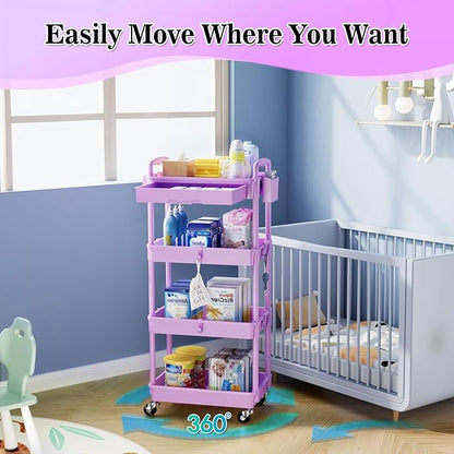 4 Tier Rolling Cart Organizer with Drawer, Bathroom Storage Carts with Wheels & Plastic Shelf, Mobile Storage Organizers for Kitchen, Office, Laundry Room, Baby, Snack, Craft, Makeup, Purple