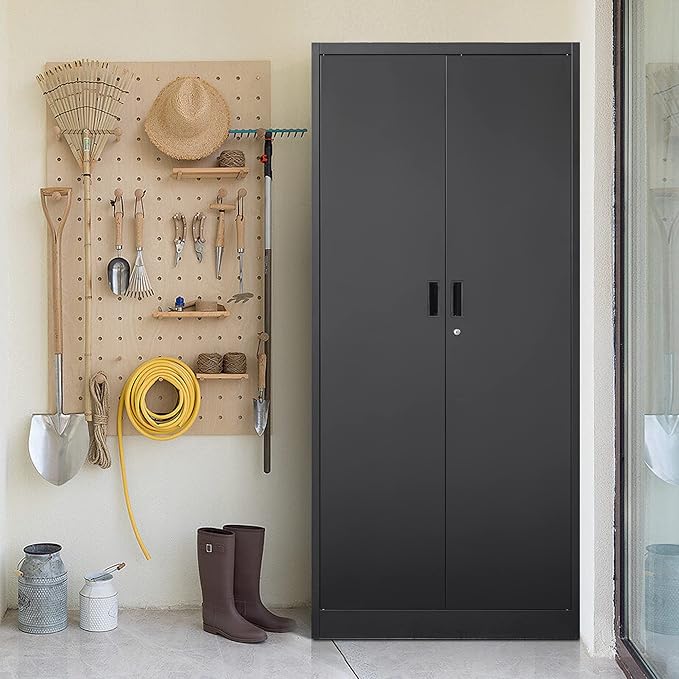 Metal Storage Cabinet, 71”H Metal Garage Cabinet with 5 Adjustable Shelves, Locking Storage Cabinets for Garage, Home, Office, Pantry(Black)