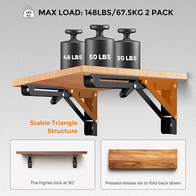 JOY DECOR 10 Inch Heavy Duty Folding Shelf Brackets, 4 Pack (2 Pairs) Collapsible Wall Mounted Brackets for Fold Down Table, Stainless Steel Folding Table Hinge, Matte Black
