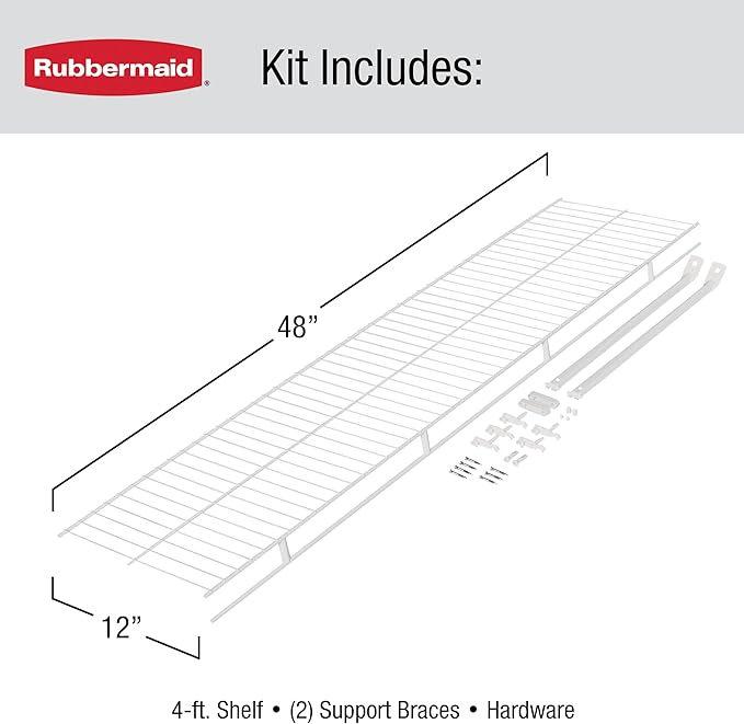 Rubbermaid Direct Wall Mount Closet Shelf, 4 Ft. Wide, Mounting Hardware Kit Included, White, Wire Shelving Organizer System for Home/Laundry/Bathroom/Mudroom/Pantry/Linen Closet