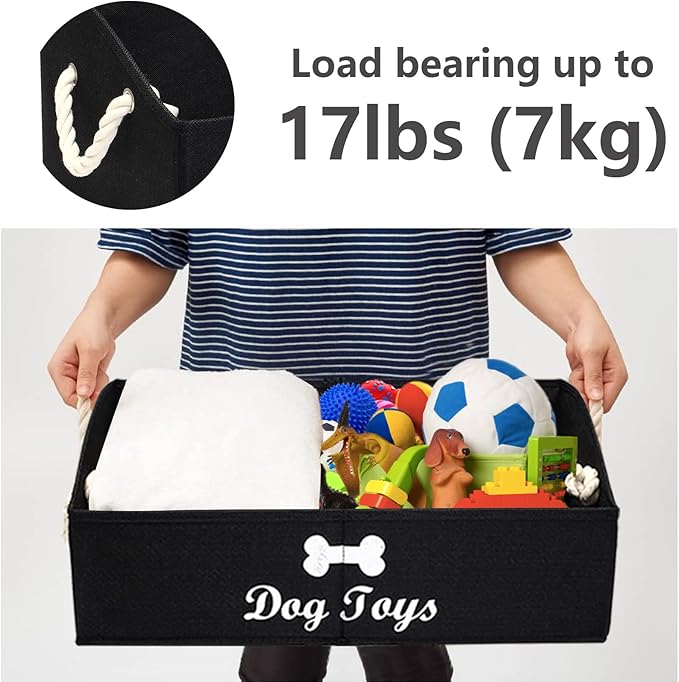 Geyecete Large Dog Toys Storage Bins - Foldable linen Trapezoid Organizer Boxes with weave Rope Handle, Collapsible Basket for Shelves (Black-DOG)