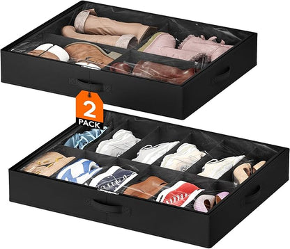 Lifewit Under Bed Shoe Storage Organizer 2 Pack(12 Pairs+4 Pairs), 4.3" Tall Fabric Shoes Container Box, Foldable Closet Shoe Bag with 2 Reinforced Handles and Clear Cover, Black
