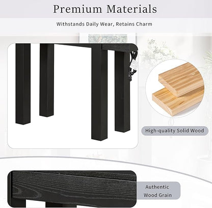 Rustic Minimalist Console Table with Hidden Drawer, Side Power Outlet,Wood Entryway Table for Entryways, Living Rooms and Home Offices(Black)