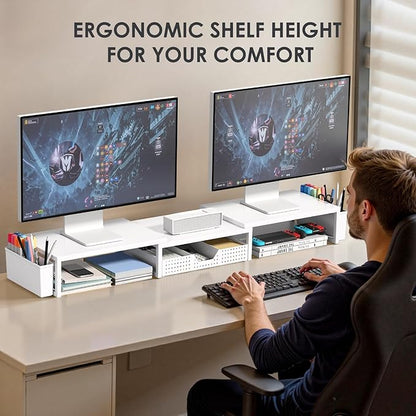 OPNICE White Dual Monitor Stand Riser, Metal Desk Organizers and Accessories with Drawer and 2 Pen Holders, Computer Monitor Stand for Desk