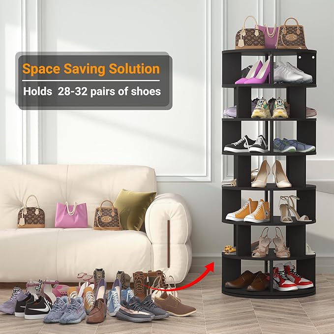 Aheaplus Rotating Shoe Rack Tower, 7-Tier Spinning Shoe Rack 360 Revolving Shoe Rack Organizer for Closet, Display Round Storage Carousel Shoes Closet Organization, Black