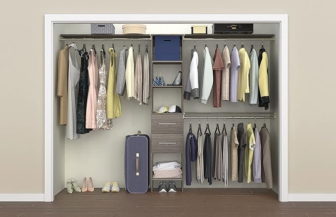 ClosetMaid SuiteSymphony Wood Closet Organizer Kit with Tower, 3 Hang Rods, Top Shelves, 2 Drawers, Modern, Fits Spaces 5 - 9 ft. Wide, Graphite Grey