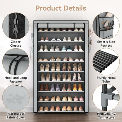 Shoe Rack with Covers 10 Tier Tall Shoe Rack Organizer Large Capacity Shoe Shelf Storage 40 Pairs Space Saving Free Standing Shoe Storage Organizer for Closet, Entryway, Dorm, Grey