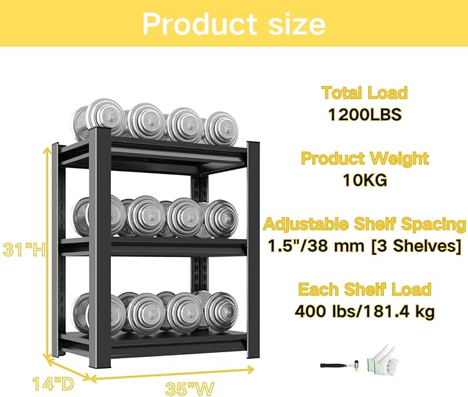 Kitchen Storage Shelves, 31''H*35''W Microwave Stand, Adjustable Metal Shelving, 1200LBS Bakers Rack, Black Kitchen Shelf, 3-Tier Shelving Unit for Bathroom, Pantry, Laundry, Closet, Garage