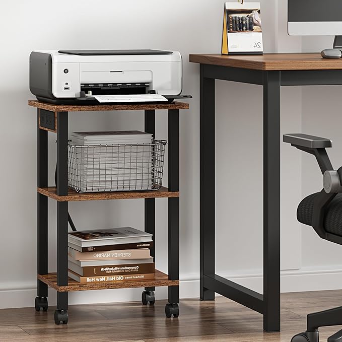 TUTOTAK 3 Tier Printer Stand, Rolling Printer Cart with Power Outlets and USB Ports, Mobile Printer Table with Wheels, for Under Desk, Office, Home,Brown PS02BB001