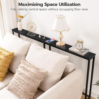 HOOBRO 63" Narrow Console Table with Charging Station, 5.9" Sofa Table with 2 Power Outlets and USB Ports, Long Entryway Tables Behind Couch Table, for Hallway, Livingroom, Black BB165UXG01G1
