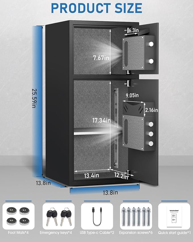 6.0 Cu Ft Safe Box Fireproof Waterproof,with LED Light fire proof safe for home documents,Fingerprint password personal Safe with Deposit Slot & Dual Alarm System，Security Box fo Valuables
